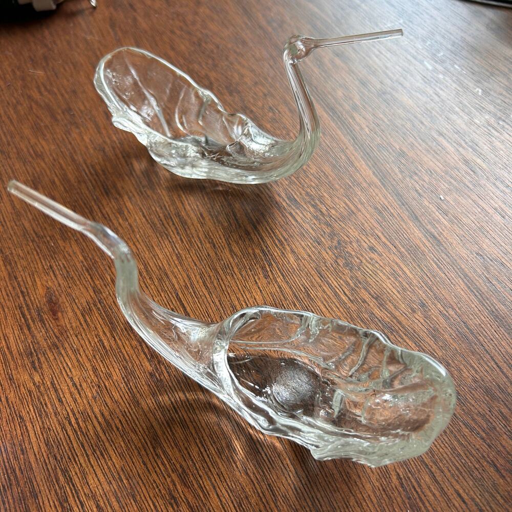 Vintage Glass Swan Handblown Clear Set of 2  Mini Dish Bird Figurine